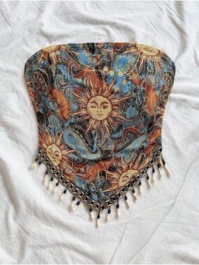 Sun Motif Strapless Bandana Top in Blue and Brown